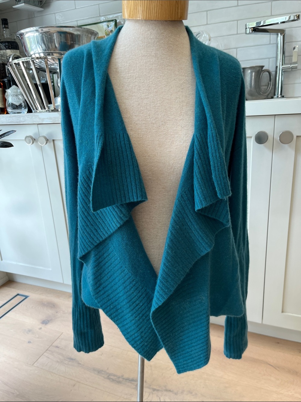 Inhabit Teal Open-Front Waterfall Collar  Women’s 100% cashmere Cardigan